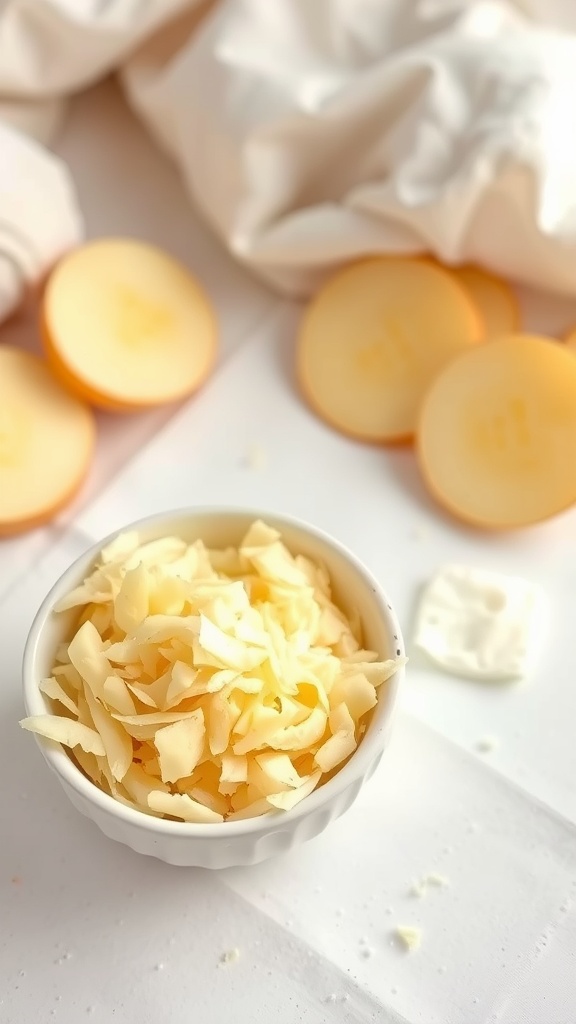 Natural potato eye mask ingredients including grated potato and slices, set in a tranquil beauty setting.
